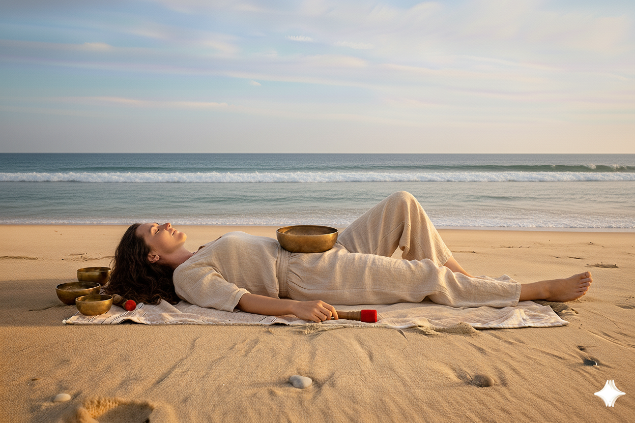 Relaxation et sonotherapie aux bols chantants sur la plage